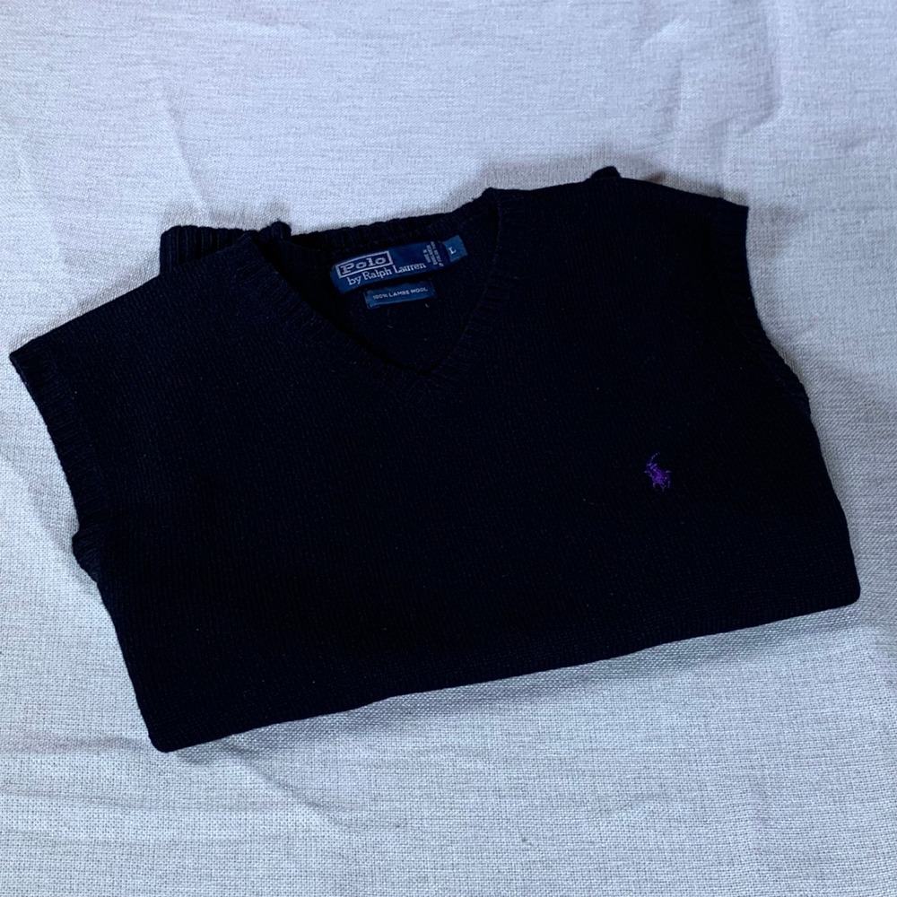 Polo Ralph Lauren Mens V Neck Sweater Vest Navy Blue Lambswool‎ Size L